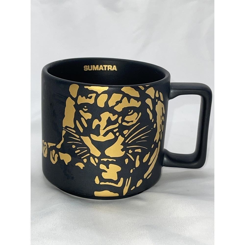 Starbucks Matte Black Gold Sumatra Tiger Print Ceramic Mug Cup Handle 14oz 2016